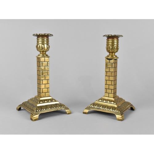 68 - A Pair of 19th Century Brass Candlesticks in the form of A Tower, Stamped W.T&S to Base (William Ton... 