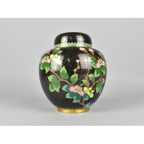 71 - A Cloisonne Enamelled Ginger Jar and Cover with Blossom Decoration on Black Ground, 17cm High