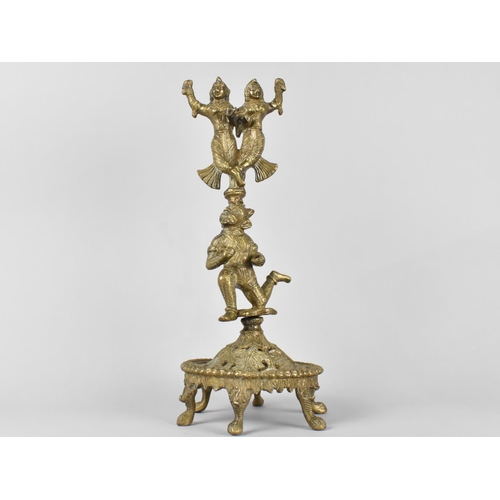 74 - A Large Heavy Brass Temple Ornament, Depicting Shiva and Wife Dancing on Monkey God's Head, Incomple... 