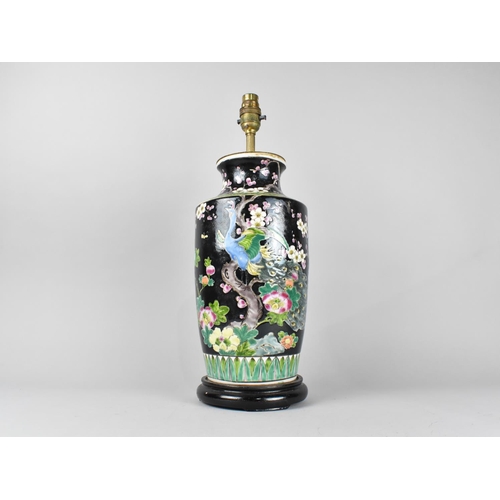 97 - A Chinese Vase Shaped Table Lamp Base with Bird and Flower Decoration on Black Ground, 44cm High