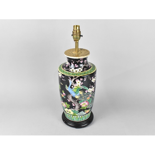 97 - A Chinese Vase Shaped Table Lamp Base with Bird and Flower Decoration on Black Ground, 44cm High