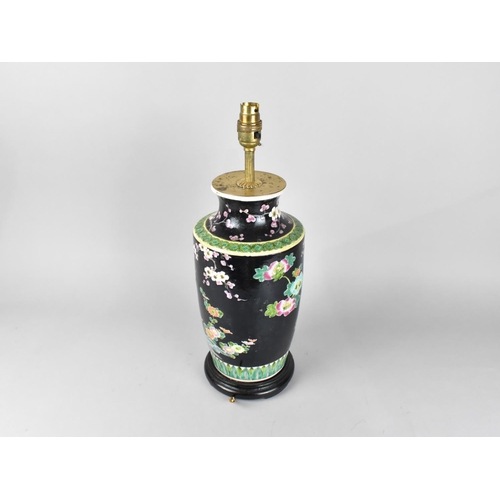 97 - A Chinese Vase Shaped Table Lamp Base with Bird and Flower Decoration on Black Ground, 44cm High