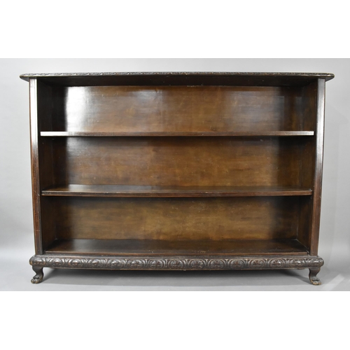 472 - A Large Edwardian Oak Open Front Three Shelf Bookcase with Carved Trim and Raised on Short Claw Feet... 