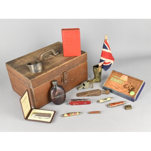 110 - A Vintage Two Division Wooden Box Containing Curios to include Riding Boot Spirit Measure, Novelty S... 