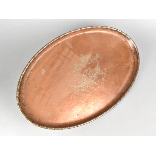 112 - An Arts and Crafts Harold Holmes Oval Copper Tray decorated with Gondola and Venice Scene, Stamped U... 