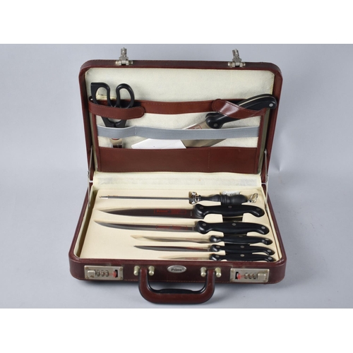 121 - A Modern Leather Cased Kitchen Knife Set by Prima, Combination Lock Case, 37cms Wide