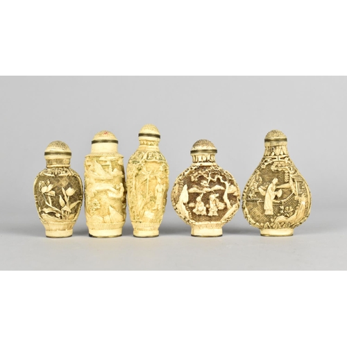 126 - A Collection of Five Modern Chinese Snuff Bottles with relief Decoration