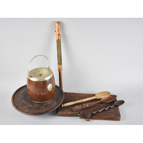 177 - A Collection of Various Treen to include Breadboard and Knife, Oak Biscuit Barrel, Wooden Spoon, Wel... 