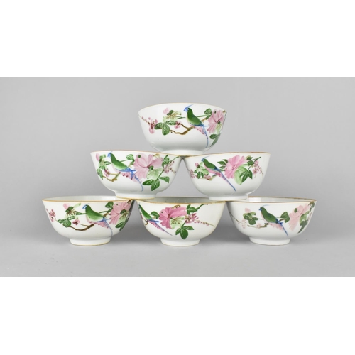 178 - A Set of Six Japanese Rice Bowls decorated with Birds and Blossom, 12cms Diameter