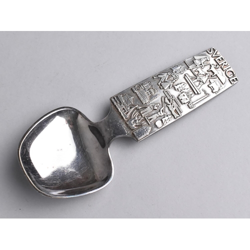 248 - A Swedish Hallberg Caddy Spoon with Relief Design Decorated with Scenes from Stockholm