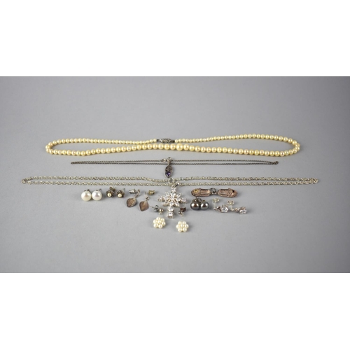 257 - A Collection of Various Silver Mounted Items to include Pearl Necklace and Earrings, Jewelled Pendan... 