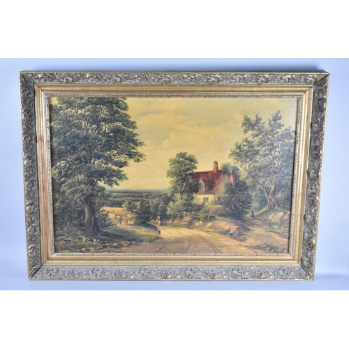 280 - A Gilt Framed Oleograph, Rural Lane Scene with Cottage and Figures, Subject 75x49cm