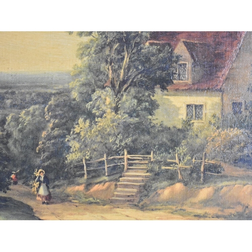 280 - A Gilt Framed Oleograph, Rural Lane Scene with Cottage and Figures, Subject 75x49cm