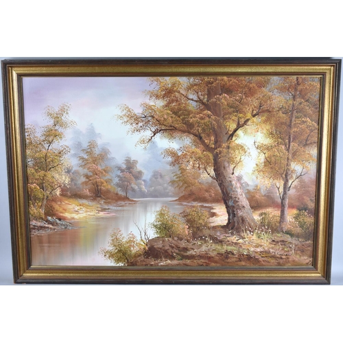 293 - A Large Framed Oil on Canvas, Woodland River Scene, Signed T Cafieri, Subject 90x60cm