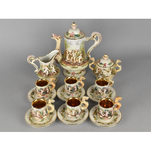 294 - A Capodimonte Coffee Set Decorated in Relief with Classical Scenes and Stylised Spout and Handles to... 