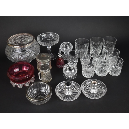 311 - A Collection of Various Glass to Comprise Cut Glass Tumblers, Rose Bowl, Candle Holders, Cranberry G... 