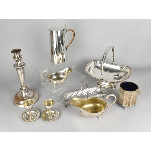 319 - A Collection of Various Silver Plate to Comprise Sheffield Plated Candlestick, Pedestal Basket, Sauc... 