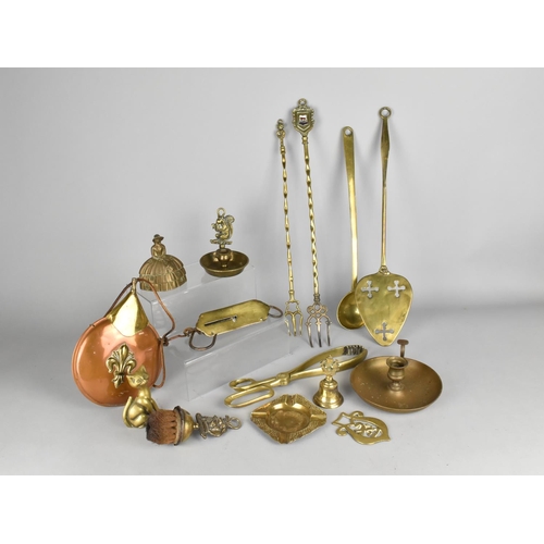 322 - A Collection of Various 19th and 20th Century Brass to Comprise Fire Irons, Copper and Brass Flask, ... 