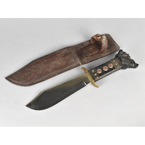 33 - A Continental Hunting Knife with Carved Wooden Handle having Metal Studs and Carved Finial in the Fo... 