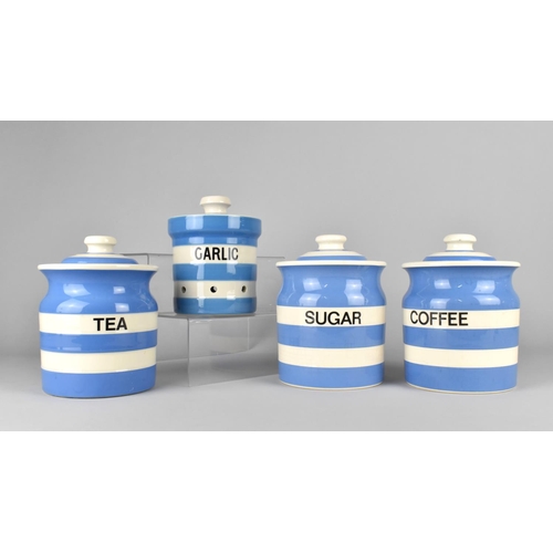 335 - Three T.G Green Cornishware Storage Jars for Tea, Sugar and Coffee Together with a Garlic Storage Ja... 