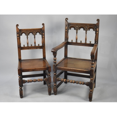 475 - A Set of Eight Early 20th Century Oak Gothic Revival Dining Chairs to Include Two Carvers, Having Sc... 