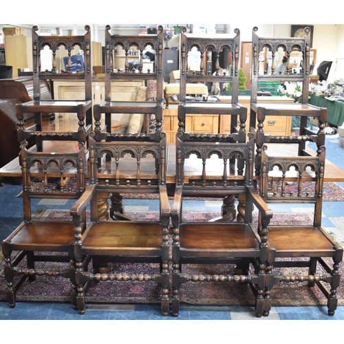 475 - A Set of Eight Early 20th Century Oak Gothic Revival Dining Chairs to Include Two Carvers, Having Sc... 