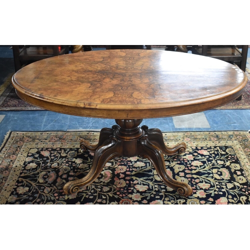 477 - A Victorian Burr Walnut Breakfast Table on Lobed Baluster Column to Quadrant Scrolled Supports on Ca... 