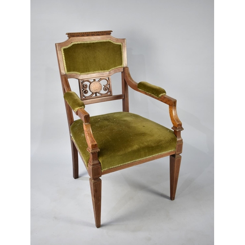 496 - A Late Victorian/Edwardian String Inlaid Armchair, with Shell Marquetry Back, Velvet Upholstery