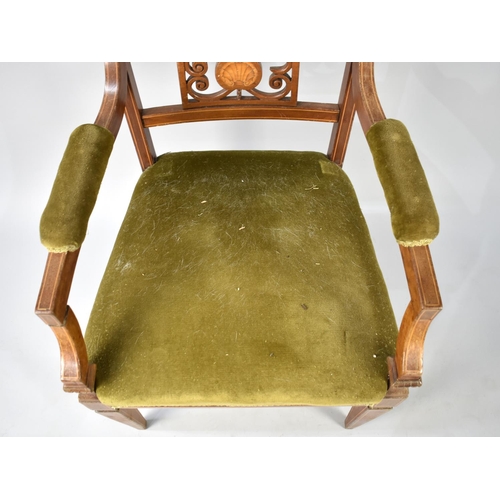 496 - A Late Victorian/Edwardian String Inlaid Armchair, with Shell Marquetry Back, Velvet Upholstery