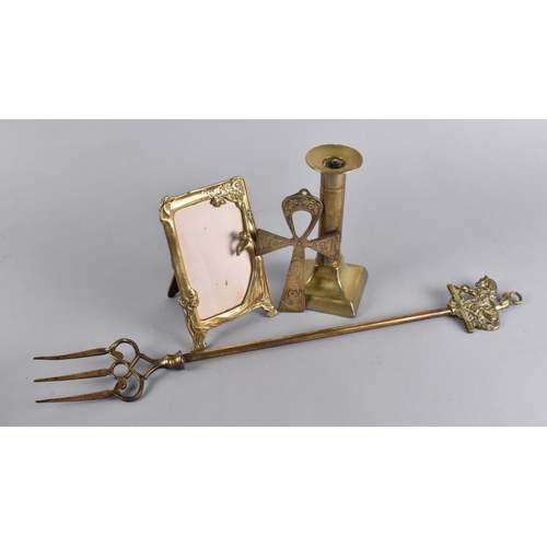 501 - A Brass Toasting Fork, Reproduction Brass Art Nouveau Photo Frame, Candlestick and Coptic Crucifix