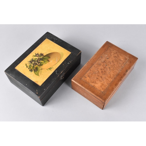 71 - A Small Indian Wooden Box with Burr Wood Panel to Lid and a Box Decorated with Print of Flowers