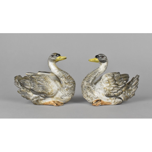 72 - A Pair of Continental Porcelain Swans in the Manner of Meissen with Blue Crossed Sword Mark to Base,... 