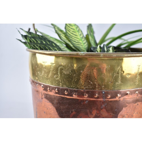 79 - A Copper and Brass Cylindrical Coal Bucket with Loop Handle, Monogrammed to Top, 33cms Diameter