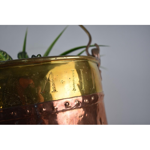 79 - A Copper and Brass Cylindrical Coal Bucket with Loop Handle, Monogrammed to Top, 33cms Diameter