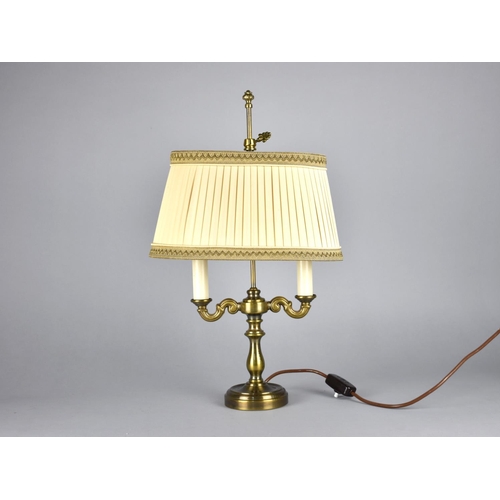 90 - A Modern Brass Two Branch Table Lamp with Rise and Fall Shade