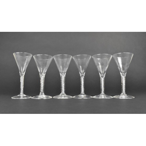 308 - A Set of Six Hand Blown Air Twist Drinking Glasses, 14cm high