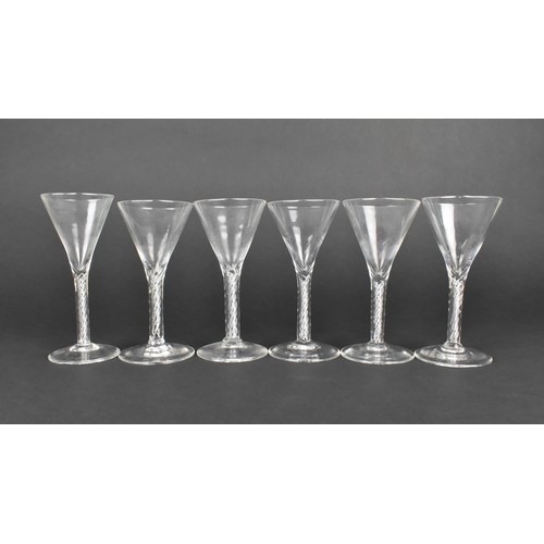 308 - A Set of Six Hand Blown Air Twist Drinking Glasses, 14cm high