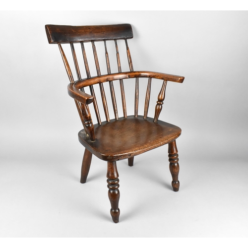 449 - A 19th Century Childs Oak Kitchen Armchair with Flat Back and Turned Rails Above Conforming Horsesho... 