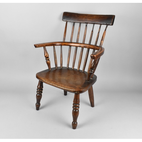 449 - A 19th Century Childs Oak Kitchen Armchair with Flat Back and Turned Rails Above Conforming Horsesho... 