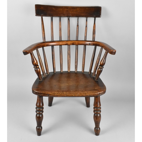 449 - A 19th Century Childs Oak Kitchen Armchair with Flat Back and Turned Rails Above Conforming Horsesho... 