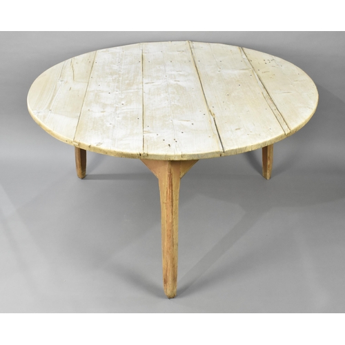 438 - A Very Large Early Pine Cricket Table, Six Plank Top, 137cm Diameter Top and 74cm high