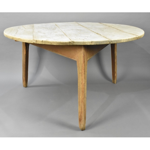 438 - A Very Large Early Pine Cricket Table, Six Plank Top, 137cm Diameter Top and 74cm high