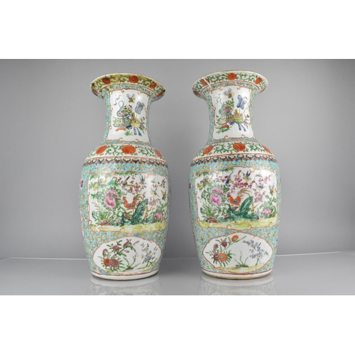 399 - A Pair of Chinese Qing Dynasty Porcelain Enamel vases Decorated with Bird and Flower Cartouches on B... 