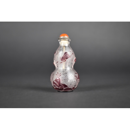 366 - A Chinese Amethyst Overlay Glass Double Gourd Snuff Bottle with Relief Decoration Detailing Water Po... 