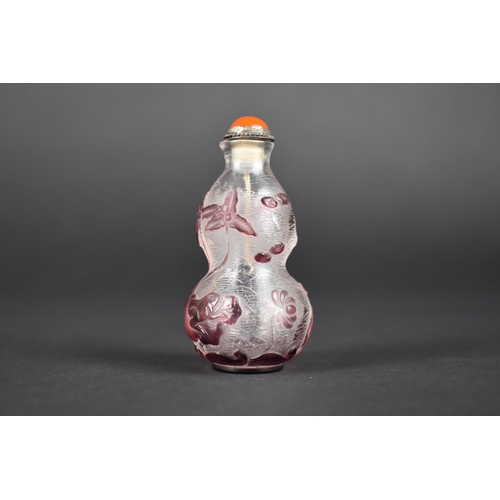 366 - A Chinese Amethyst Overlay Glass Double Gourd Snuff Bottle with Relief Decoration Detailing Water Po... 