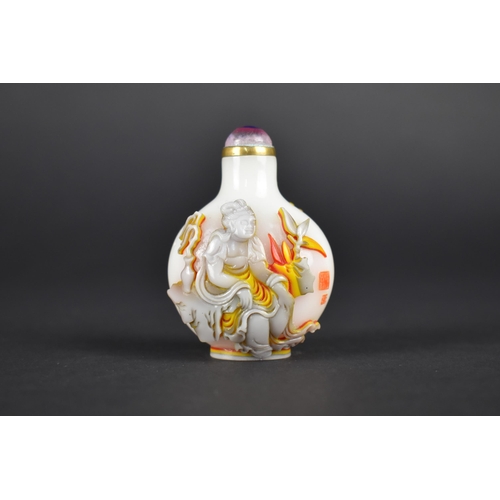 365 - A Chinese Overlaid Glass Snuff Bottle with Fine Relief Decoration Detailing Deities, Opaque White Gr... 
