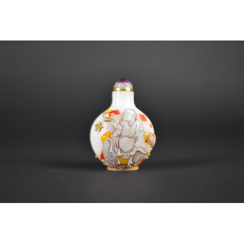 365 - A Chinese Overlaid Glass Snuff Bottle with Fine Relief Decoration Detailing Deities, Opaque White Gr... 