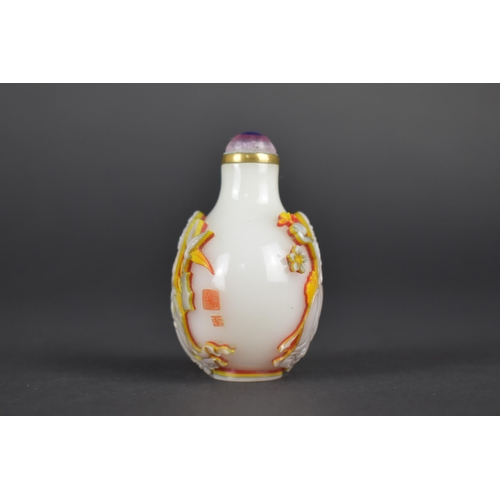 365 - A Chinese Overlaid Glass Snuff Bottle with Fine Relief Decoration Detailing Deities, Opaque White Gr... 