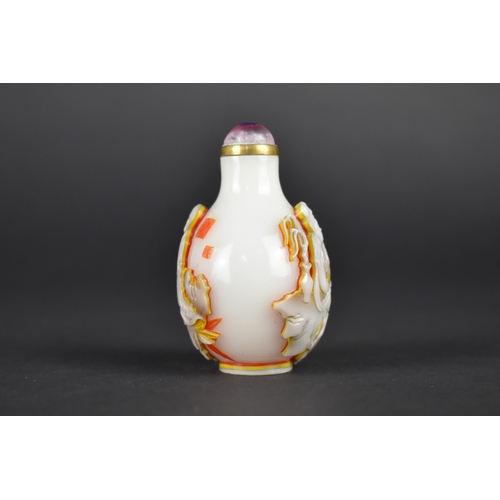 365 - A Chinese Overlaid Glass Snuff Bottle with Fine Relief Decoration Detailing Deities, Opaque White Gr... 
