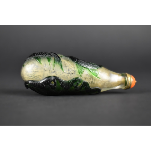 364 - A Chinese Overlaid Green Glass Snuff Bottle Decorated with Fish and Lily Pad Complete with Brass Mou... 